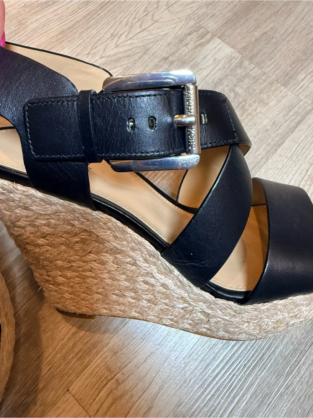 Michael Kors Black Leather Espadrille Platform Wedge Sandals Buckle 6.5